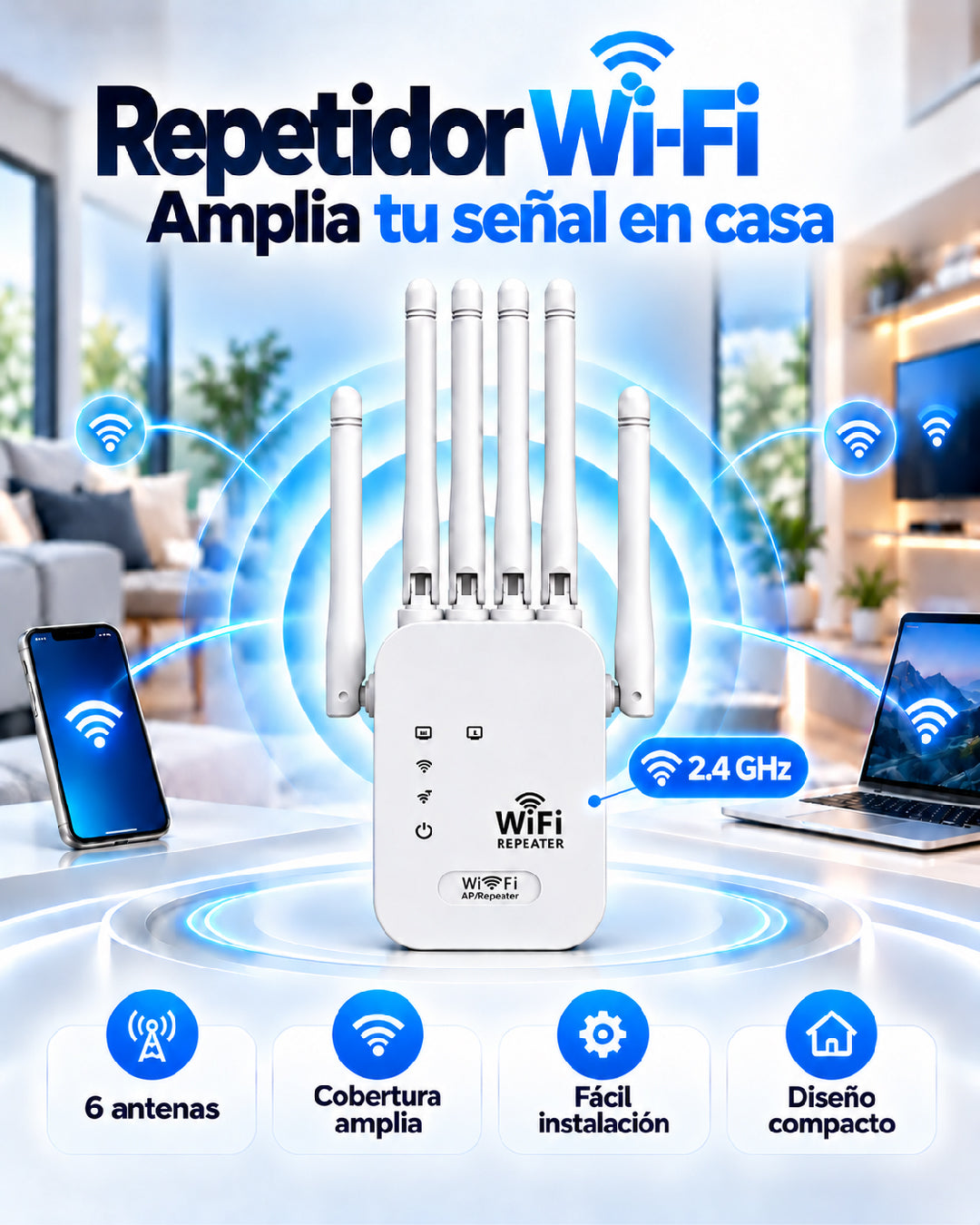 Repetidor Wi-Fi Amplia tu señal en casa 6 antenas