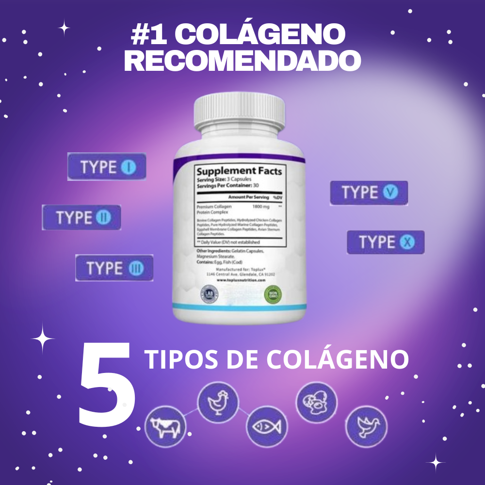 Colageno Peptides, Type I, II, III, V, X - 90 capsulas, Toplux Nutrition