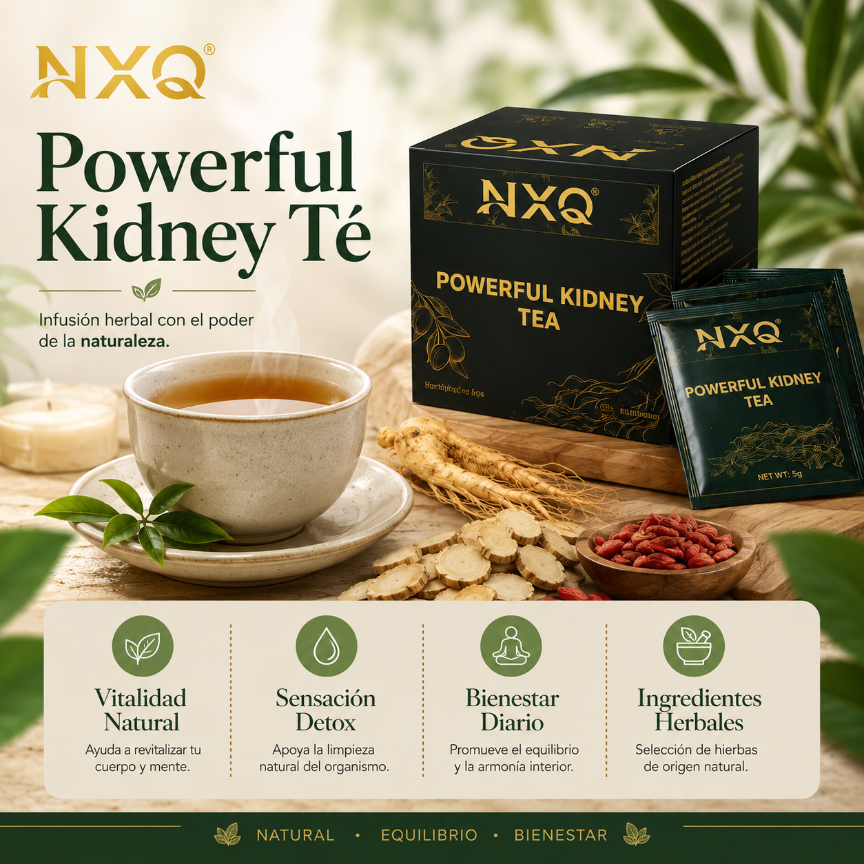 Powerful Kidney Té NXQ - Energía Natural 100%, 30 Paquetes